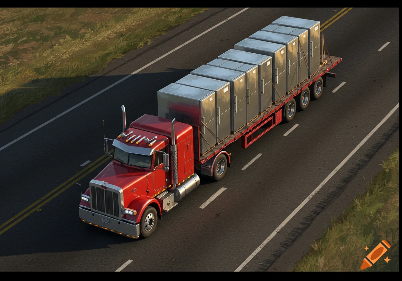 Red semi-truck hauling many refrigerators on a highway