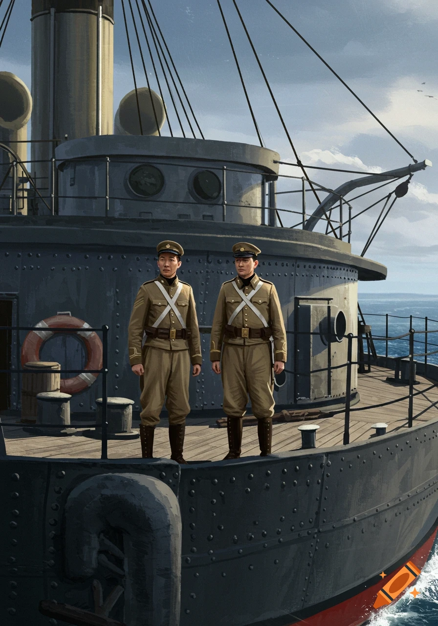 Two men in military uniforms stand on the deck of a historical ship, illustration style.