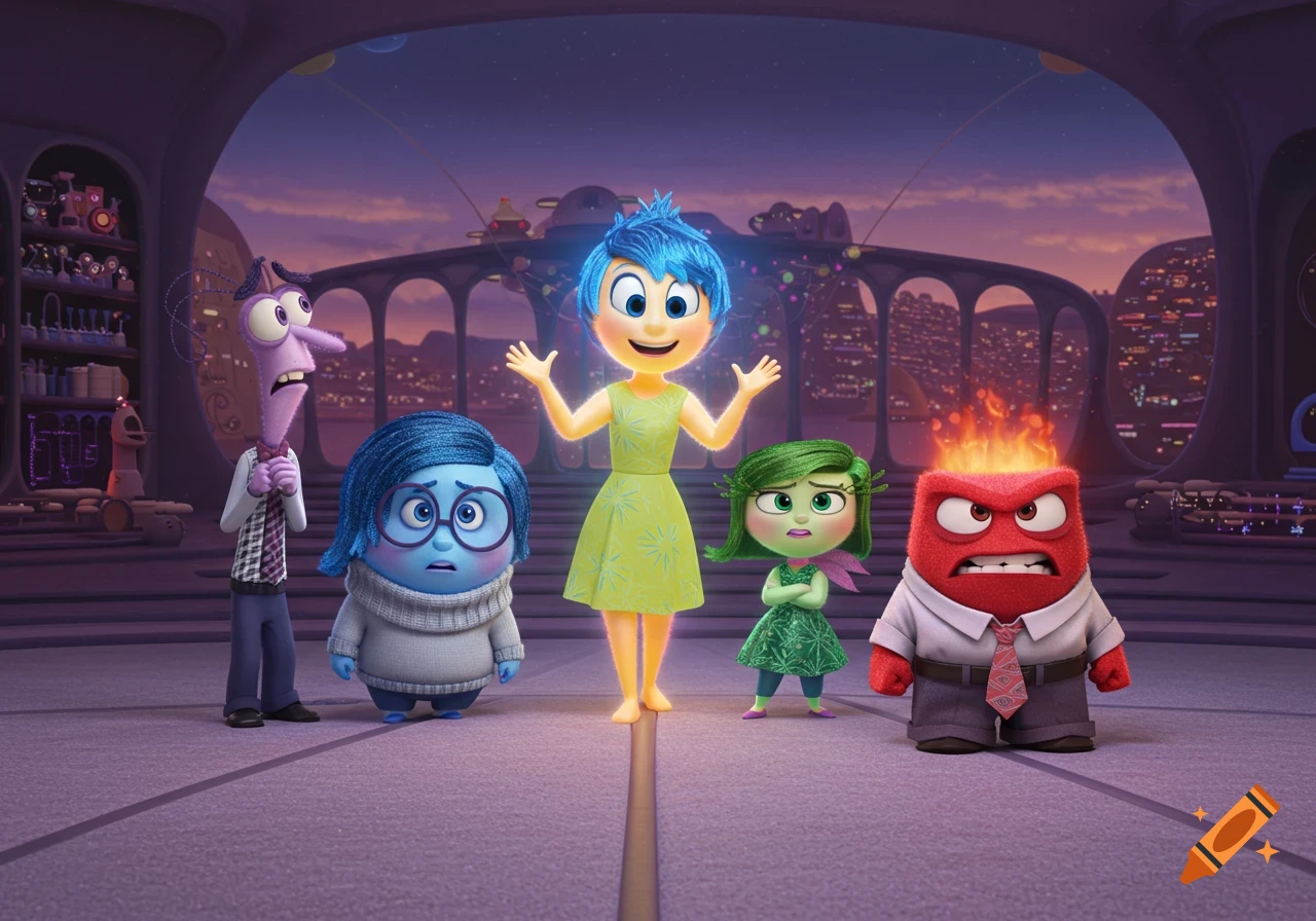 Fear, Sadness, Joy, Disgust, and Anger from Inside Out stand together in a control room overlooking a city.