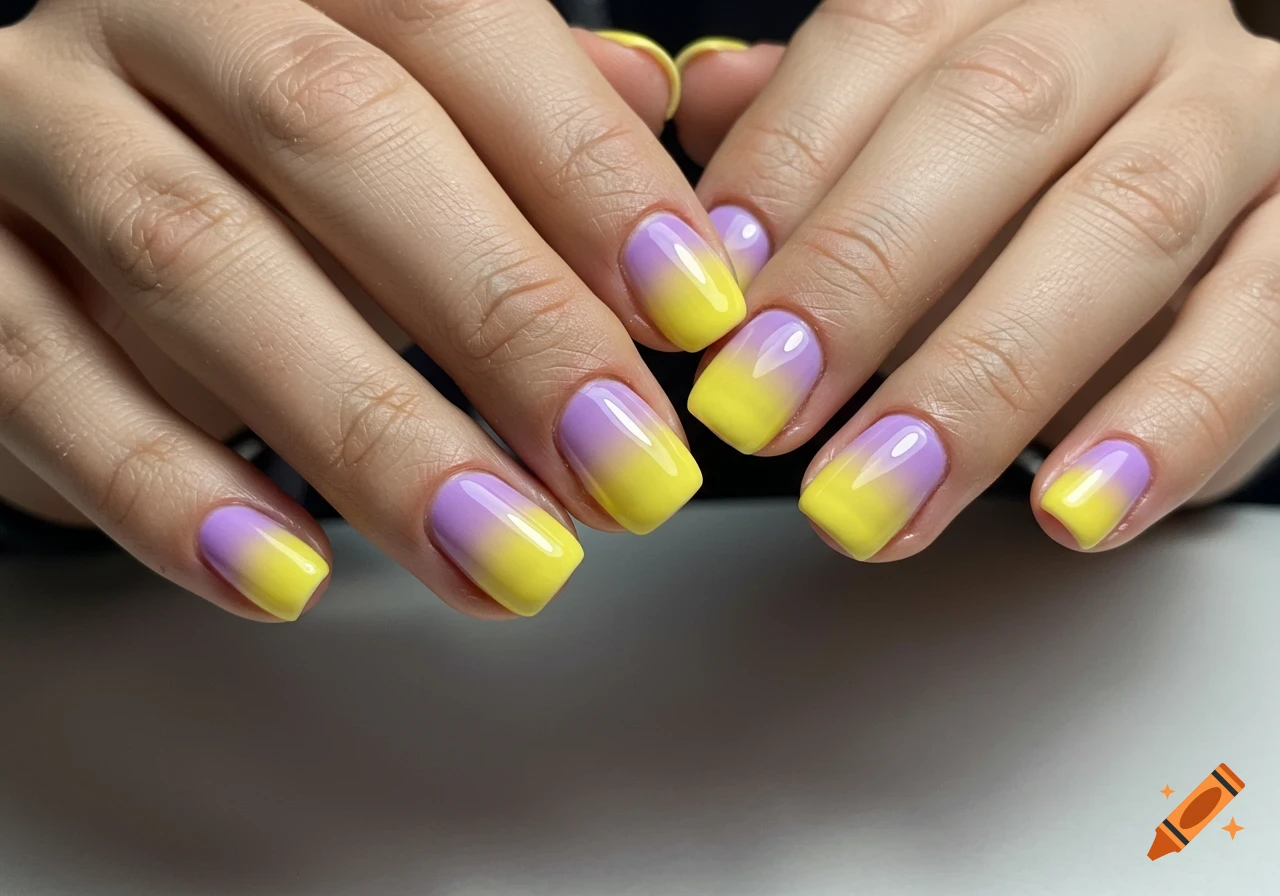 Close up of hands with square nails painted with a gradient manicure of bright yellow fading into light purple.