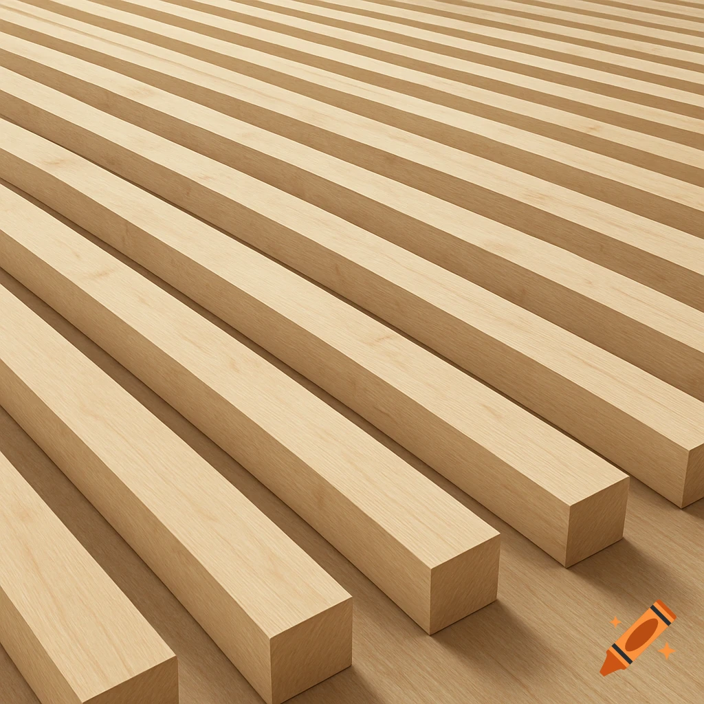 Close-up view of light colored wooden beams arranged in parallel lines on a wooden surface.