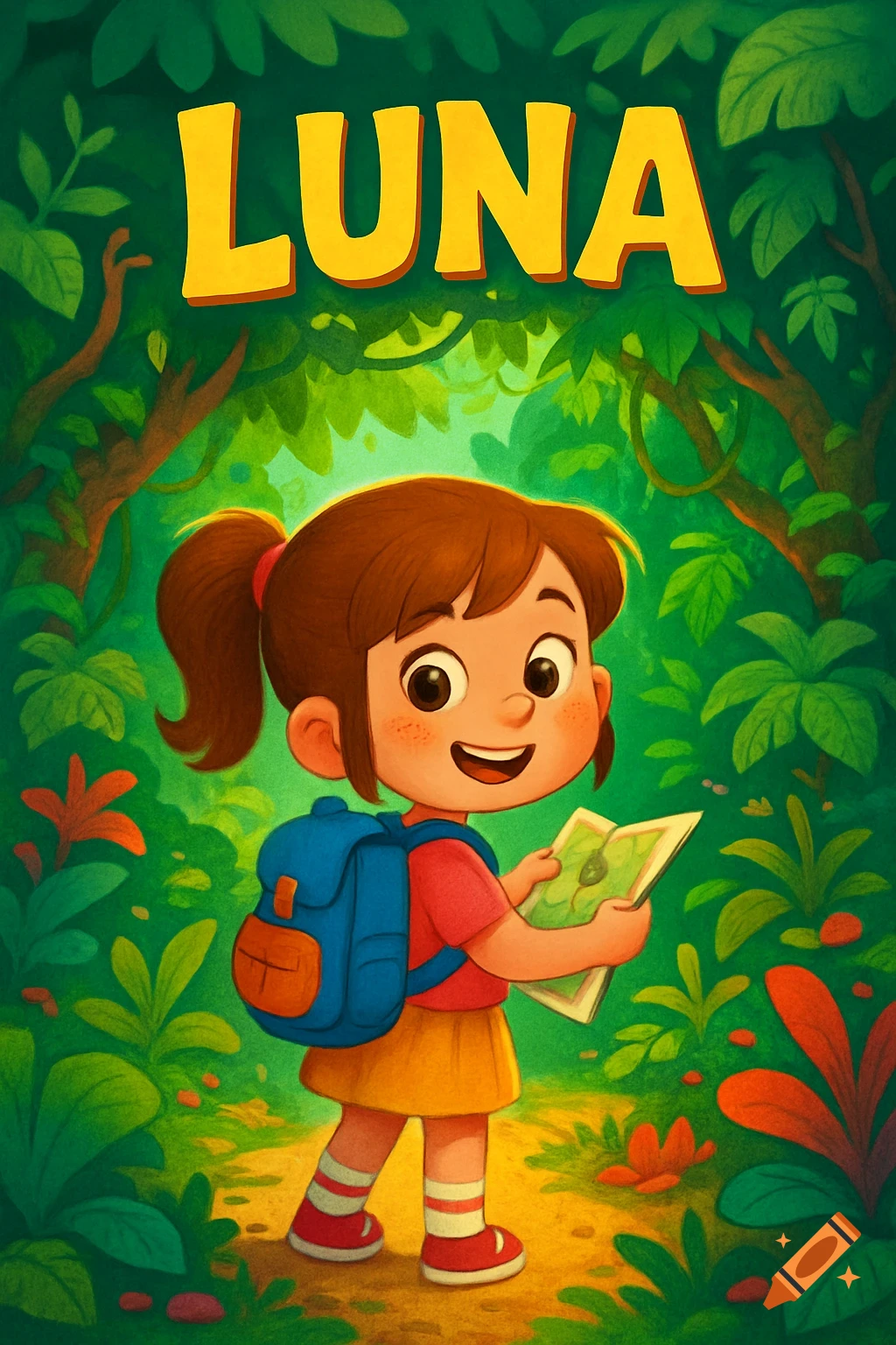 Cartoon girl with backpack and map in a jungle, "LUNA" title, children's book cover style