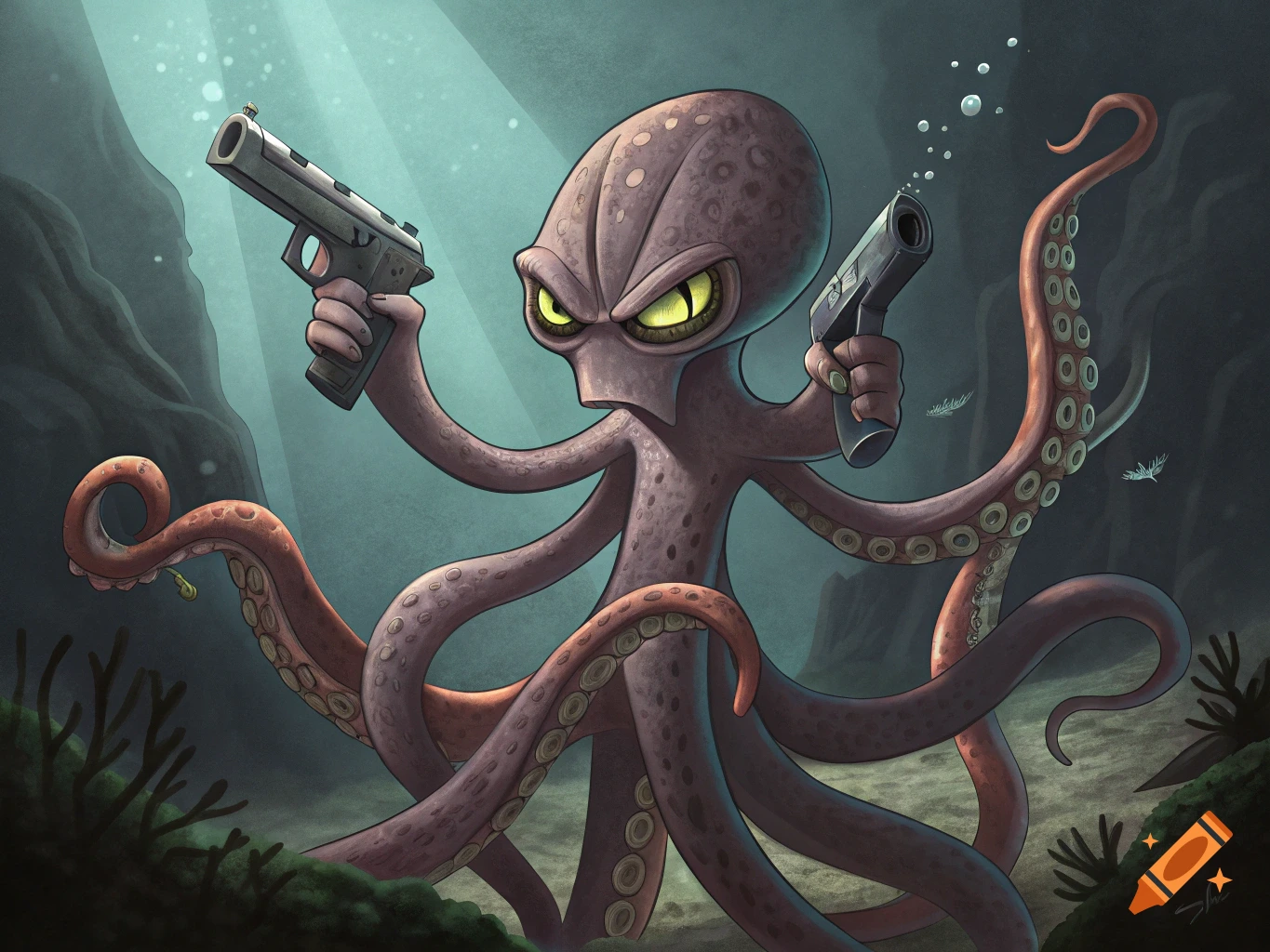 A cartoon octopus holds two pistols underwater.