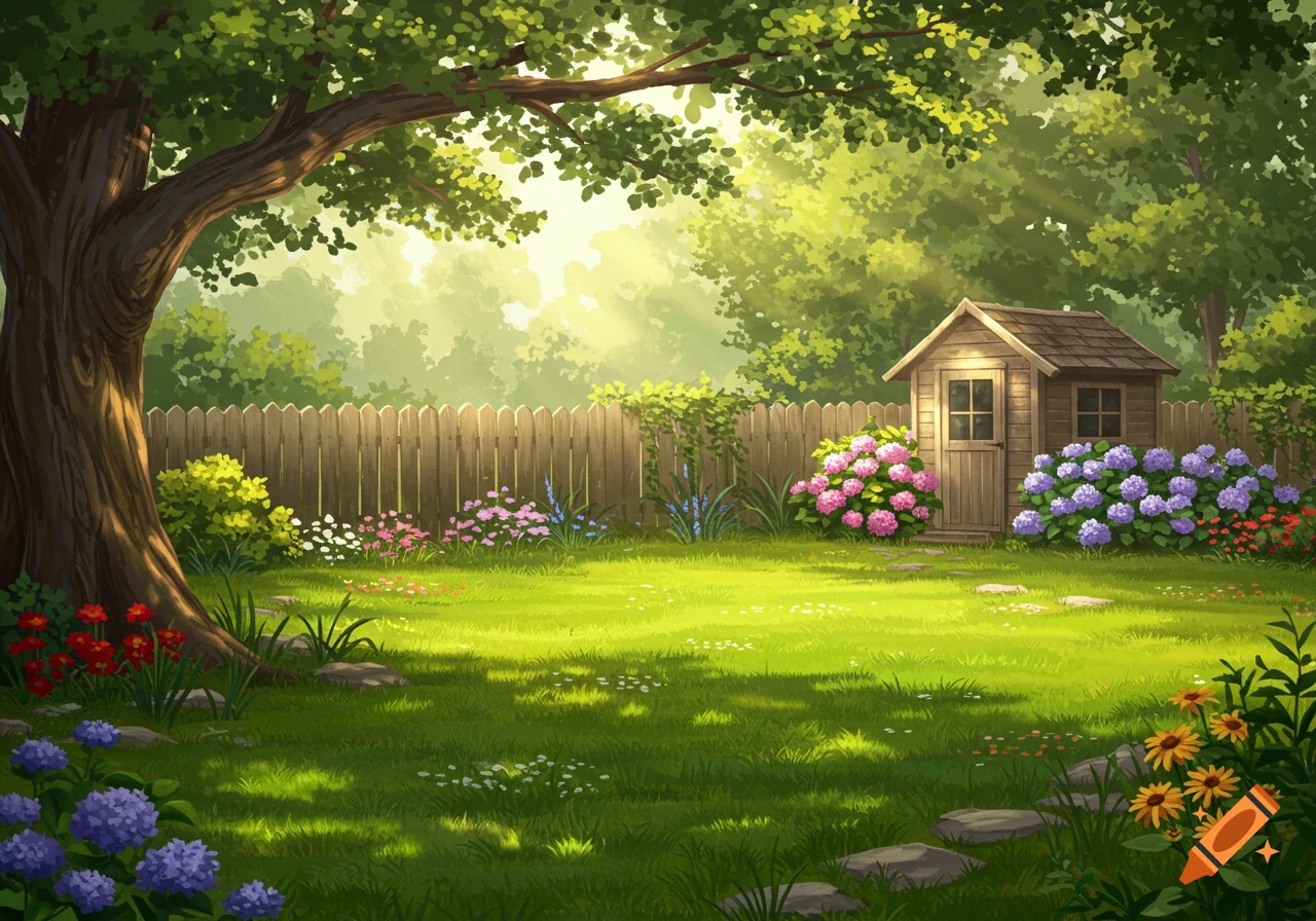 Illustration of a sunny backyard garden with a wooden shed, fence, large tree, and colorful flowers.