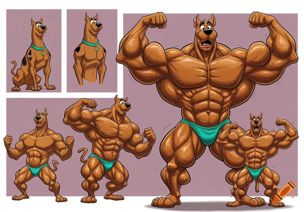 Cartoon depiction of Scooby-Doo sitting, then flexing as a muscular bodybuilder in various poses.