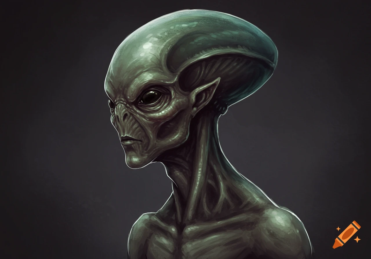 Illustration of a grey-green alien creature in profile