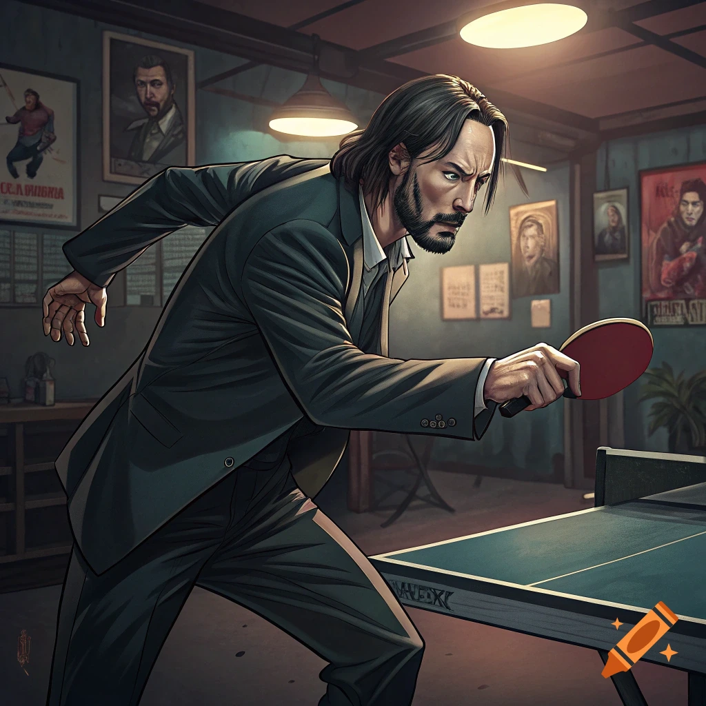 John Wick plays table tennis in a stylized comic art image.