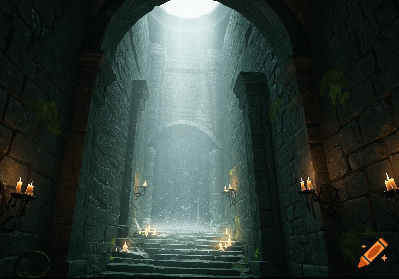 A dark, stone dungeon hallway with lit candles on walls and steps, leading towards a bright, misty opening.