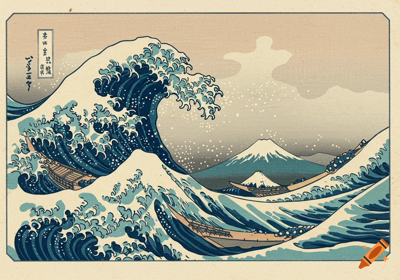 Woodblock print of a large wave towering over boats with Mount Fuji in the background.