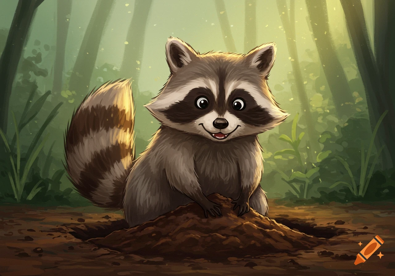 A cute cartoon raccoon is digging a hole in the dirt in a forest clearing.