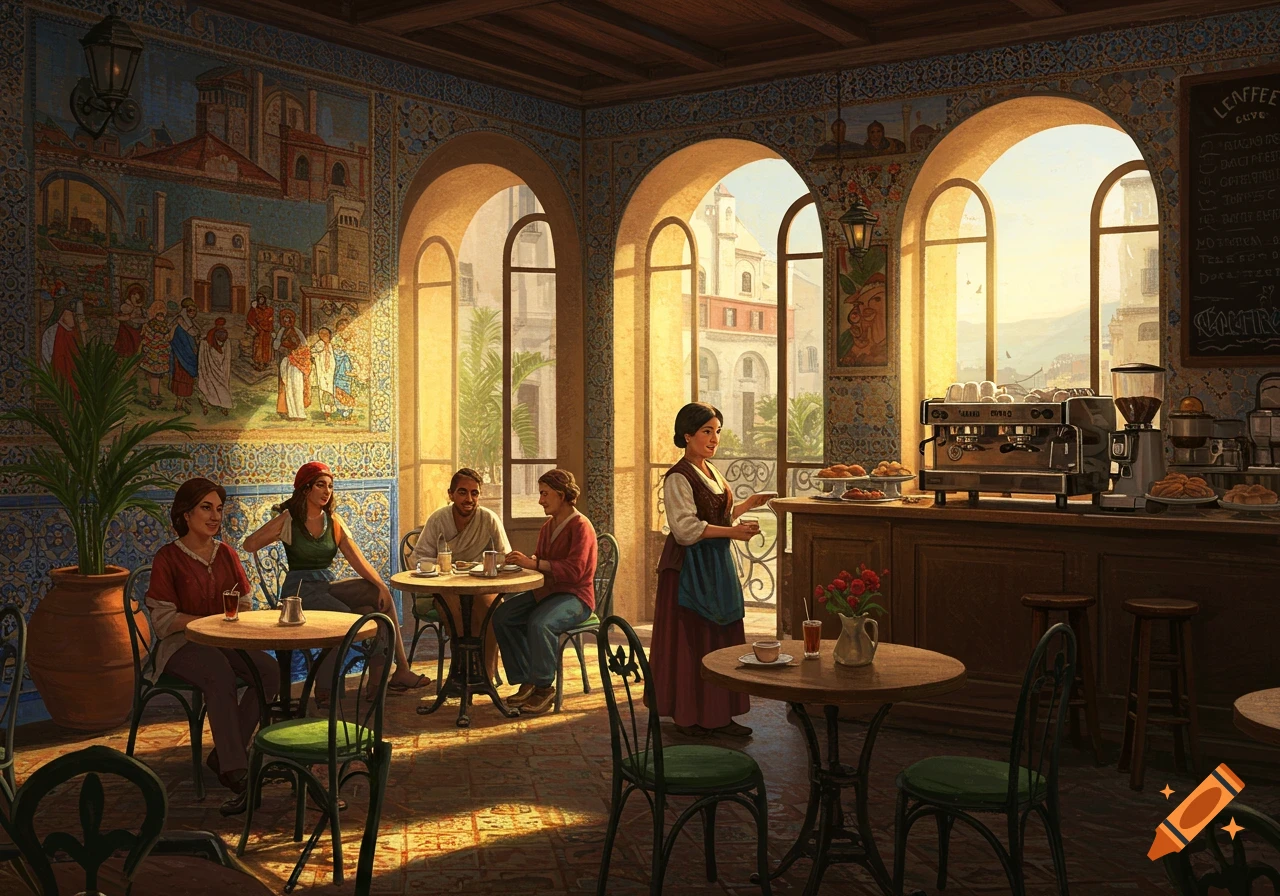 Sunny interior of a Mediterranean-style coffee shop with arched windows, people at tables, and a server behind the counter.