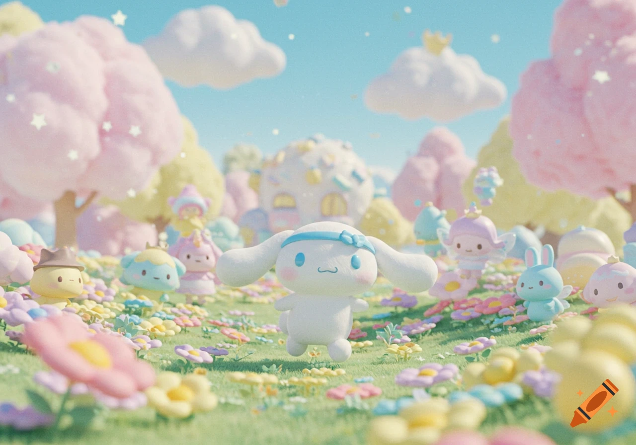 Cinnamoroll and other cute characters explore a magical world with pastel trees and flowers.