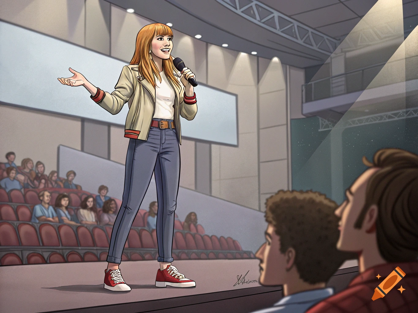 Illustration of a woman speaking into a microphone on a stage in front of an audience.