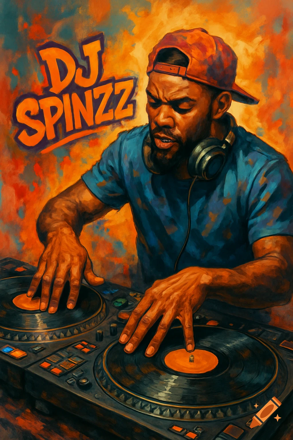 A man DJing with records and text "DJ SPINZZ" in a painterly style.