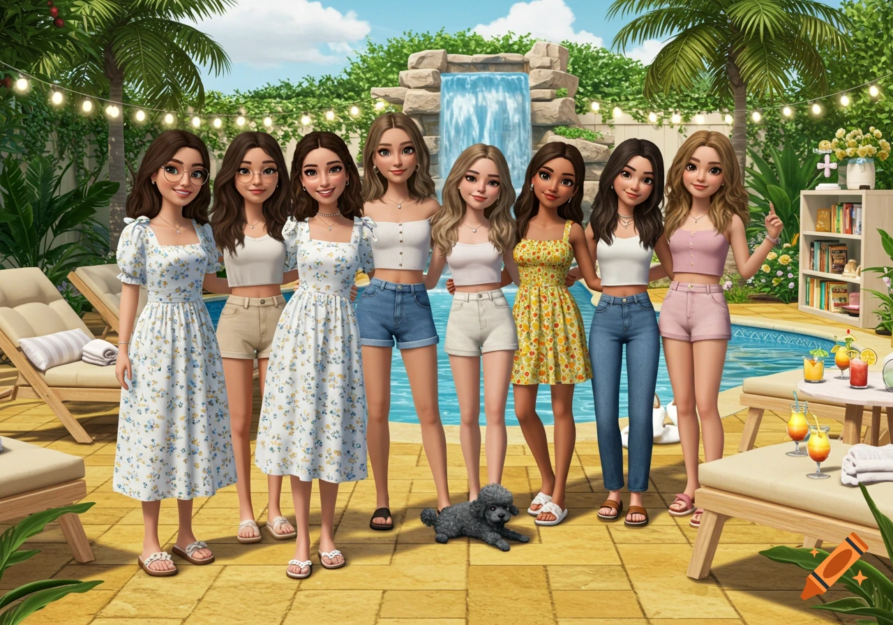 3D cartoon of eight young women and a poodle by a pool with a waterfall.