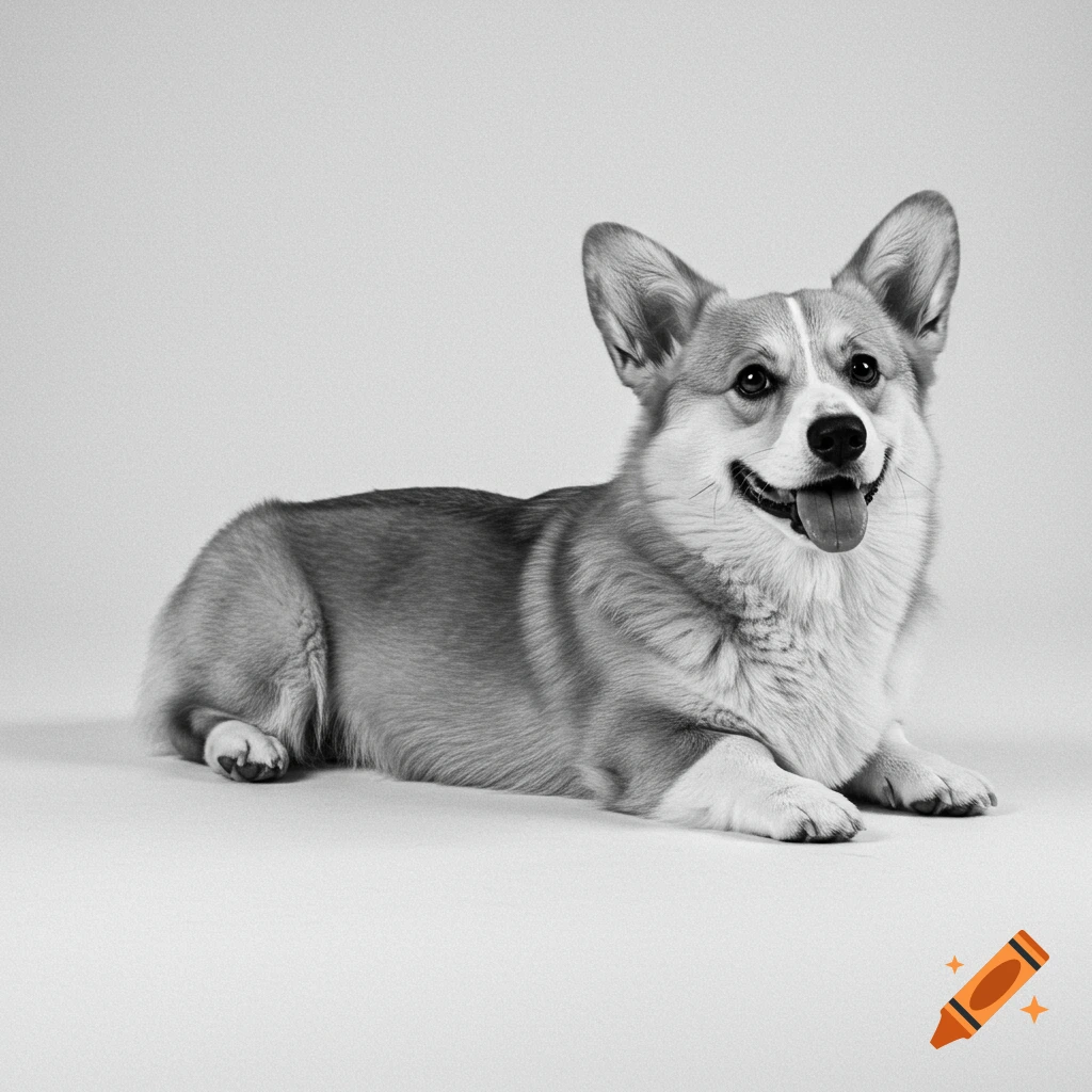A corgi dog lies down in a black and white studio photo.