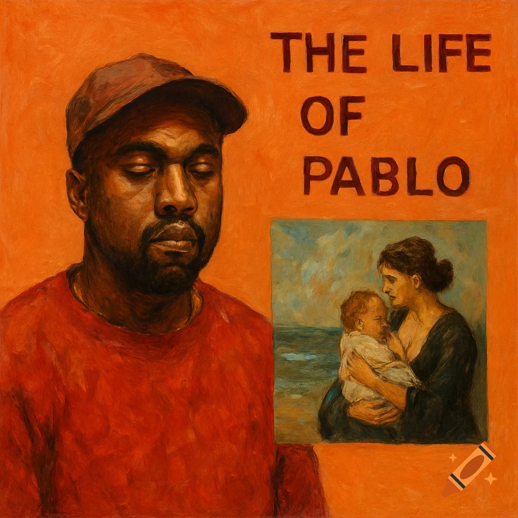 Painting style image of Kanye West in a red shirt and cap, with text 'THE LIFE OF PABLO' and a smaller painting of a woman and child.