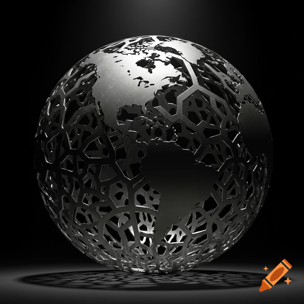 A metallic globe sculpture with laser cut continents and a geometric pattern against a black background.