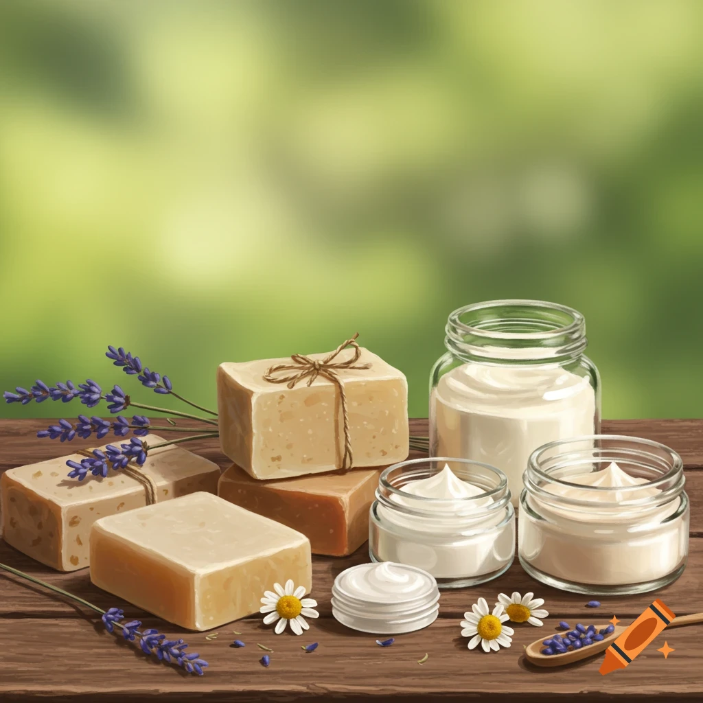 Still life illustration of natural hygiene products including soap bars, jars of cream, lavender, and chamomile flowers on a wooden table.