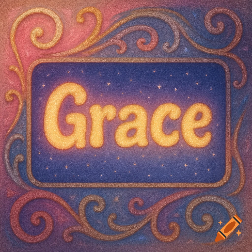The word Grace in glowing glitter letters with a decorative swirly frame.