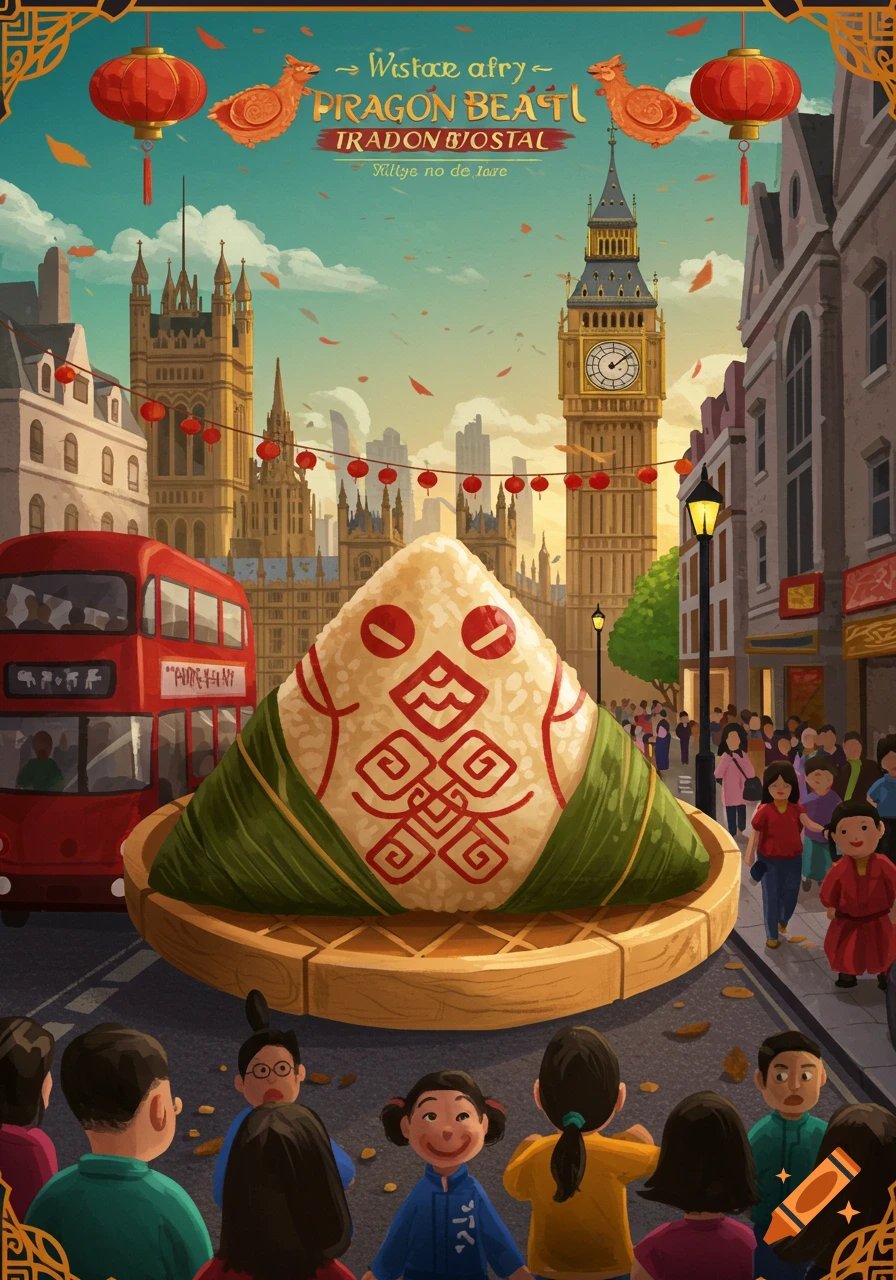 Giant zongzi in London street with Big Ben, people, lanterns in illustrative style