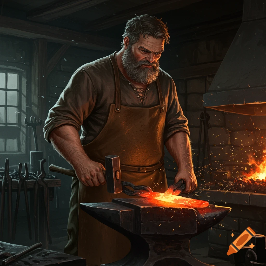 A bearded blacksmith hammers glowing metal on an anvil in a forge.
