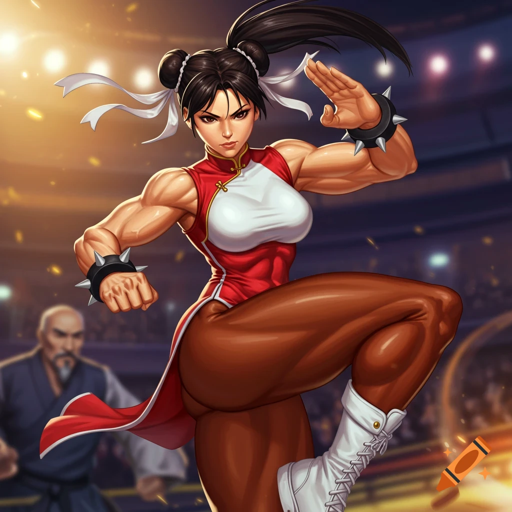Muscular woman resembling Chun Li in fighting pose in arena, digital art.