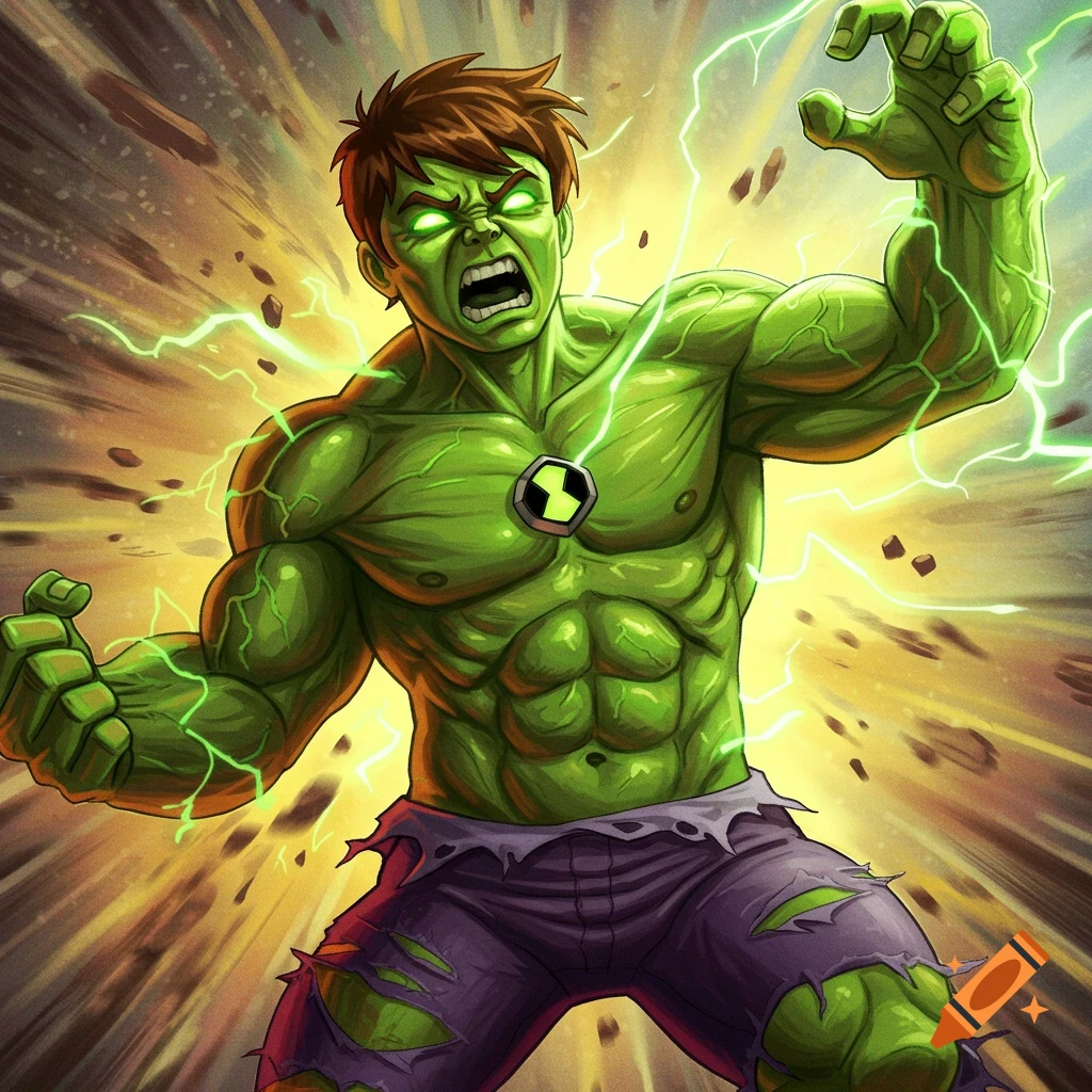 Ben 10 transforms into a muscular green figure like the Hulk, with glowing eyes, ripped pants, and green energy.