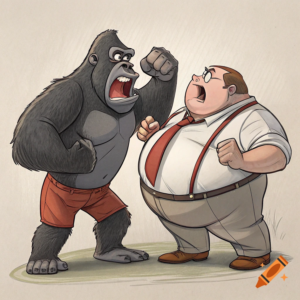 Cartoon illustration of a gorilla and a man arguing