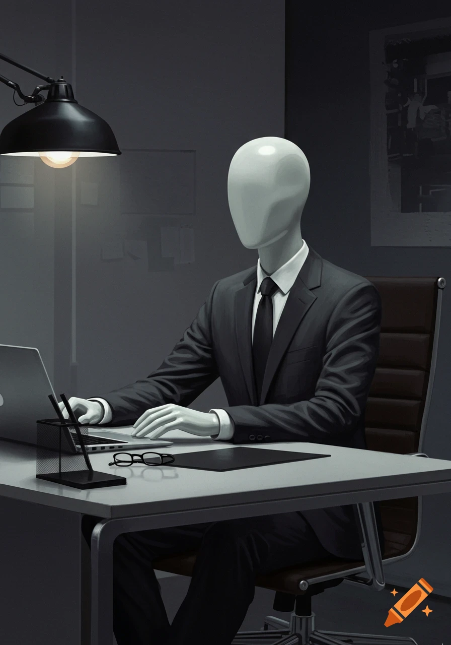 A faceless figure in a suit sits at an office desk, typing on a laptop.