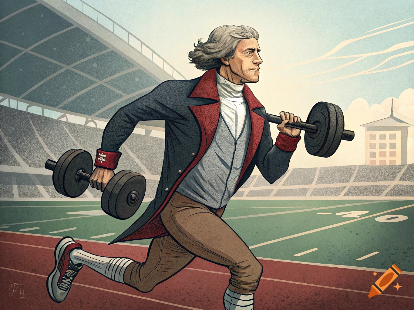 Illustration of Thomas Jefferson running with dumbbells in a stadium.