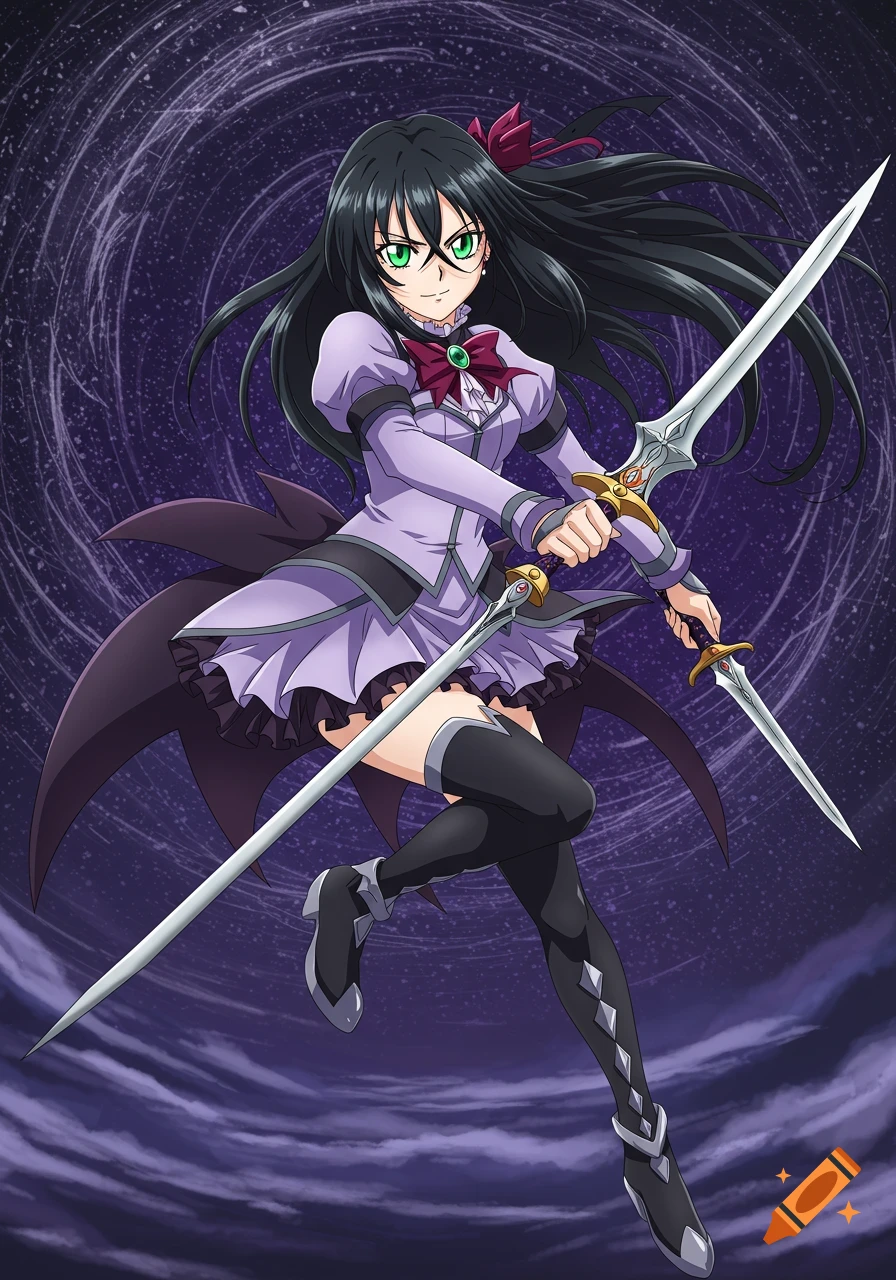 Anime girl with black hair and green eyes in purple dress holds sword and dagger against a swirling dark background