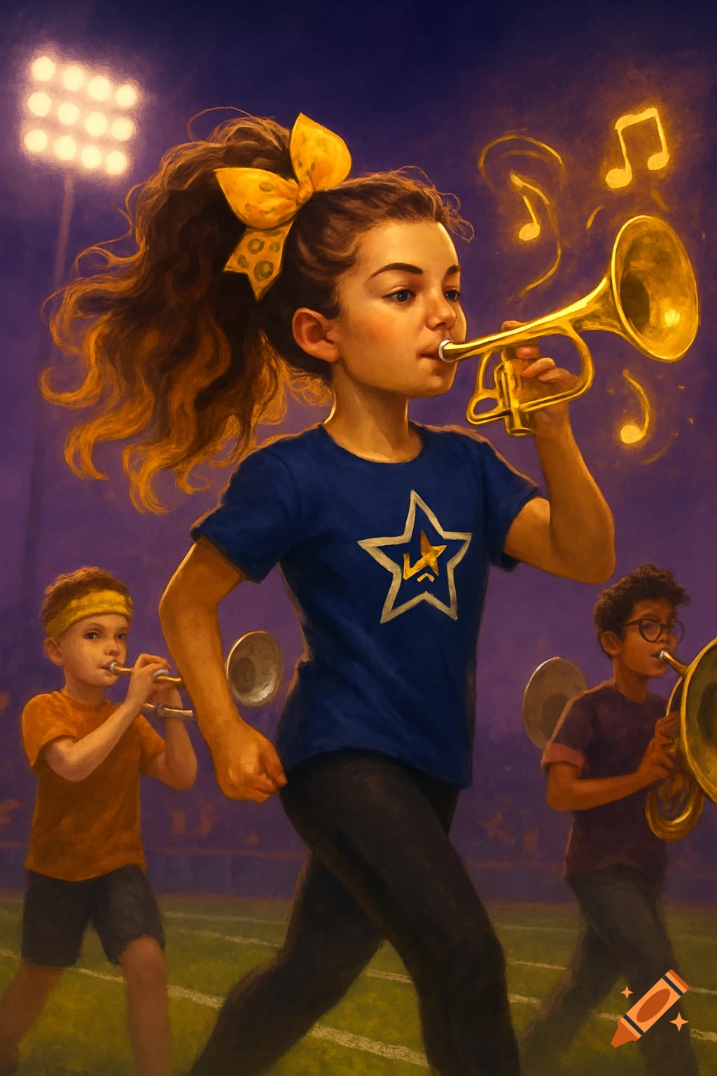 A confident girl plays a trumpet while marching on a football field at night, with other children playing instruments in the background. Digital painting.