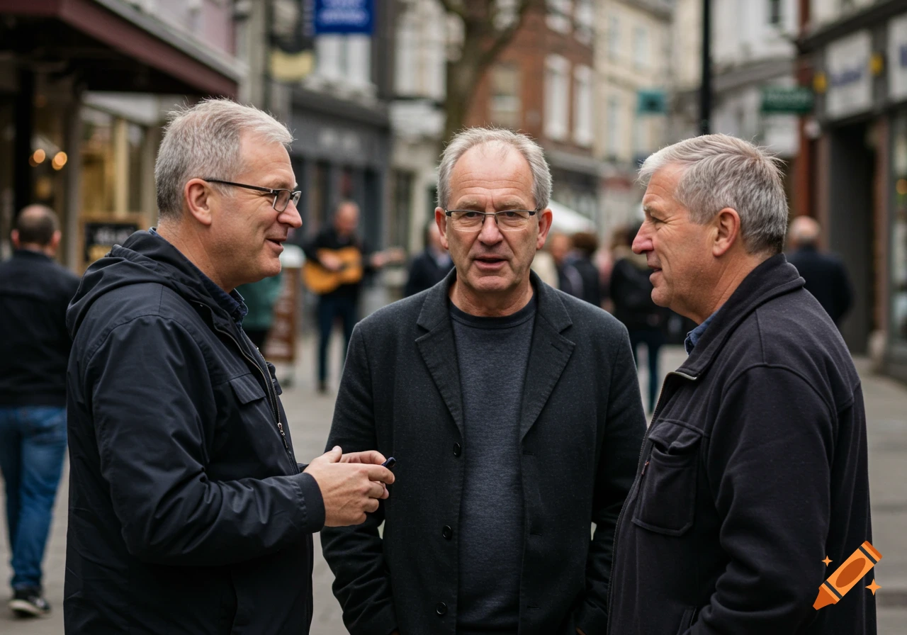Three middle-aged men talking on a street