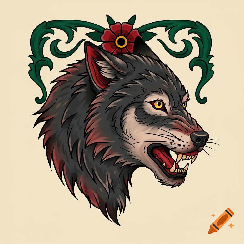Traditional tattoo style illustration of a wolf head with a flower and leaves.
