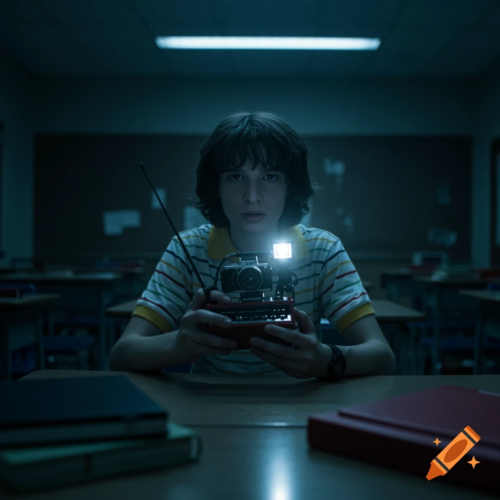 Young boy in a dark classroom holding a camera with a flash