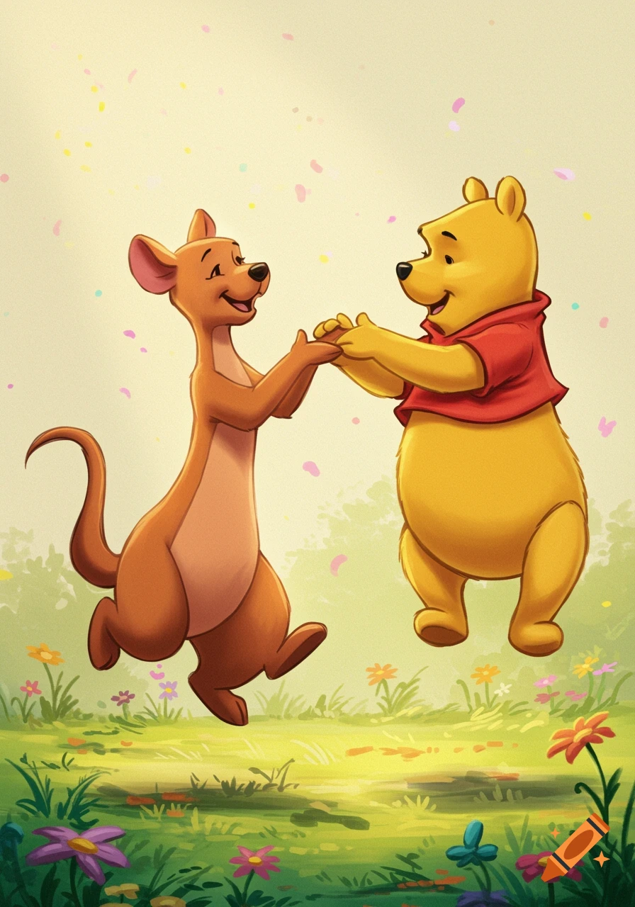 Winnie the Pooh and Kanga dancing together in a field of flowers.