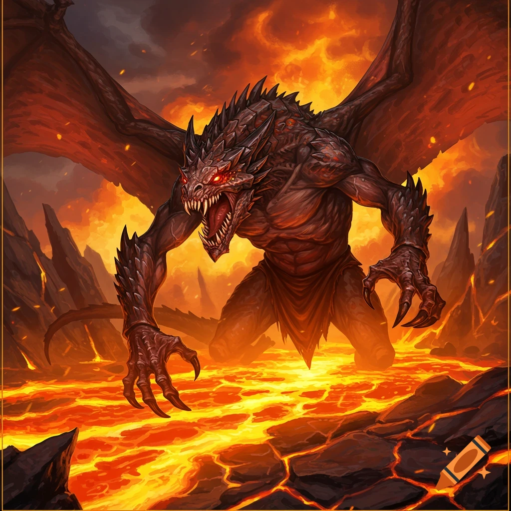 A dark fantasy monster with wings stands in lava with a fiery sky.