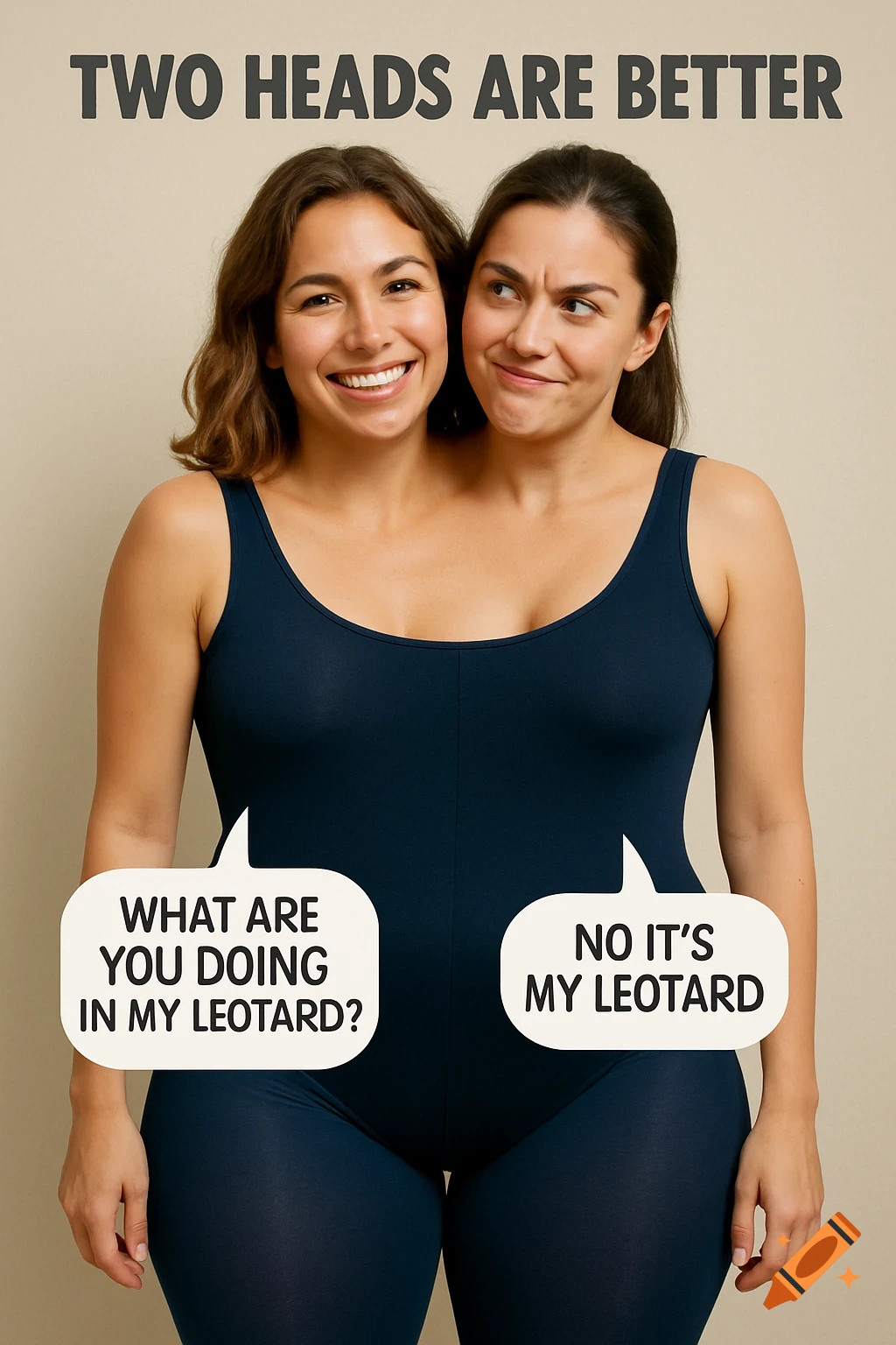 Two-headed woman illusion in a blue leotard with speech bubbles