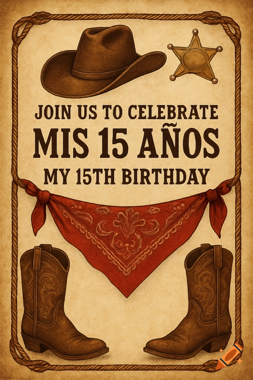Western style invitation with cowboy hat, sheriff star, bandana, and boots. Text reads JOIN US TO CELEBRATE MIS 15 AÑOS MY 15TH BIRTHDAY.