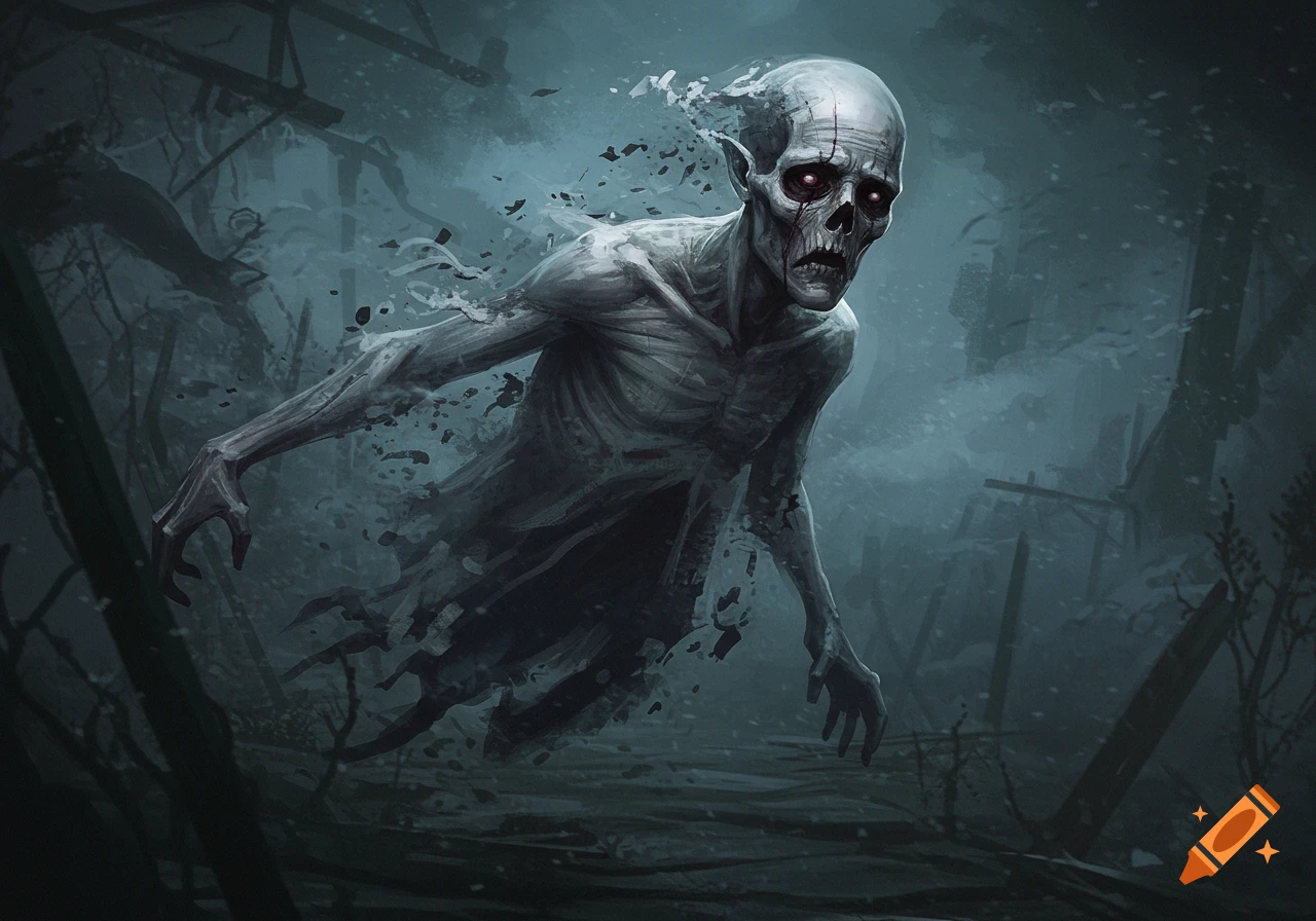 Grim ghost vanishing in a dark, foggy forest