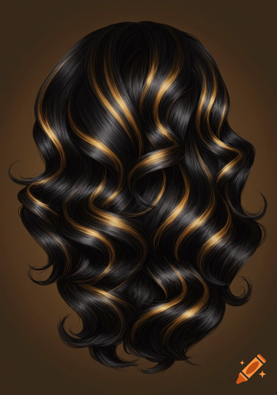 Close-up illustration of wavy black hair with blonde highlights on a brown background.