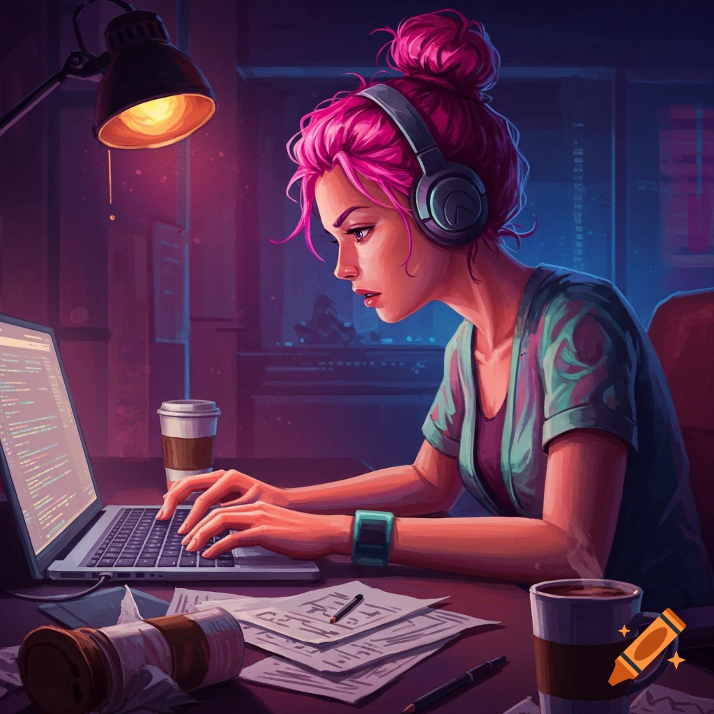 An illustration of a woman with pink hair and headphones working on a laptop at a desk in a dark room.