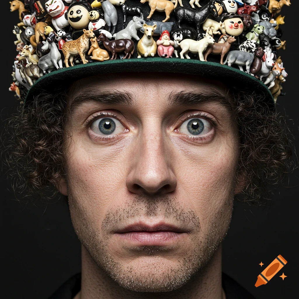 Close-up photorealistic portrait of a man wearing a hat covered in miniature animals.