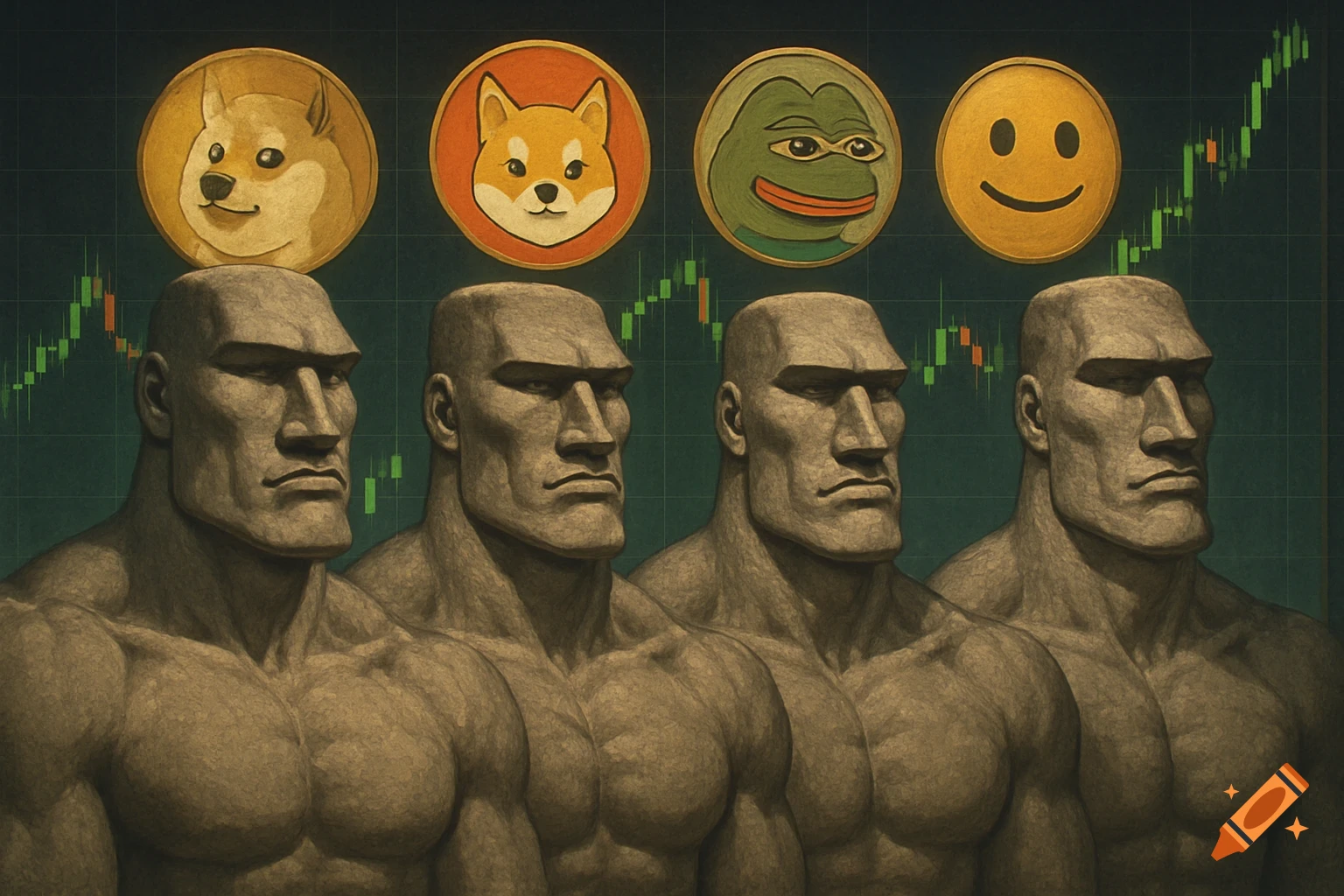 Four stone-like figures stand before a stock chart with Doge, Shiba, Pepe, and smiley coin symbols overhead.