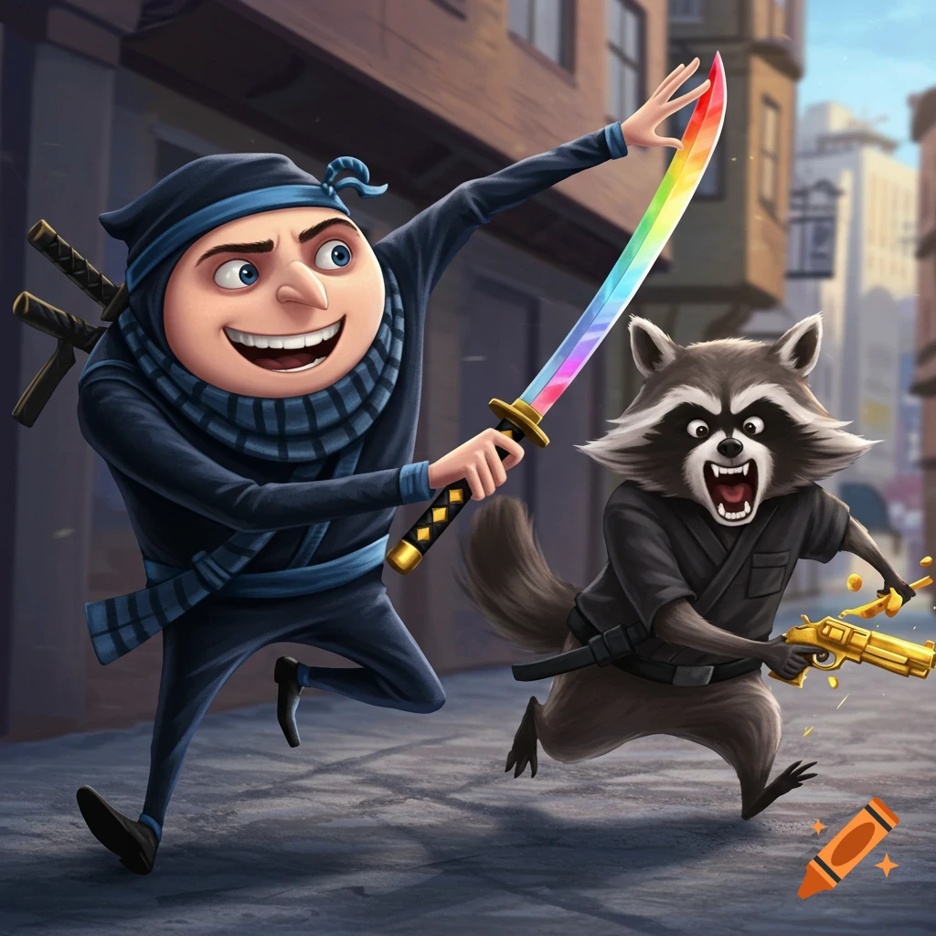 Cartoon ninja character chases a raccoon with a golden gun, holding a rainbow sword.