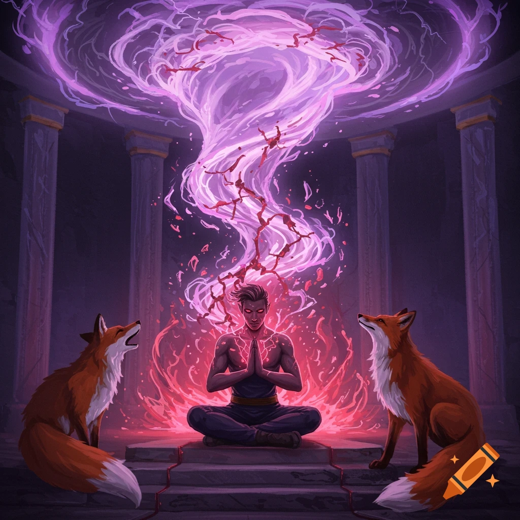 A man meditates between two foxes in a dark stone temple with pillars, surrounded by glowing purple and red magical energy swirling above him.
