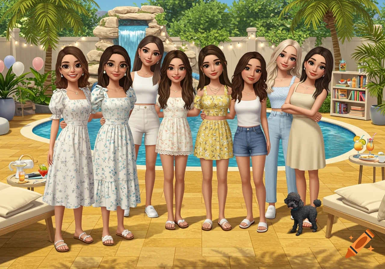 Eight cartoon girls stand by a pool with a waterfall in a sunny backyard.