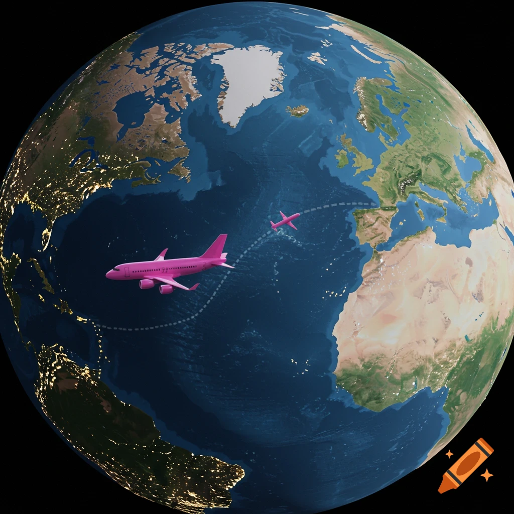 A globe shows the Earth with two pink airplanes flying a dotted route across the Atlantic.