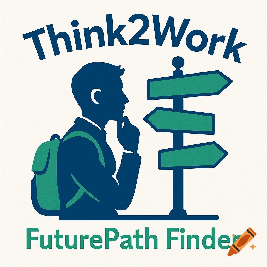 A stylized illustration of a person looking at a signpost with multiple arrows, labeled 'Think2Work FuturePath Finder'.